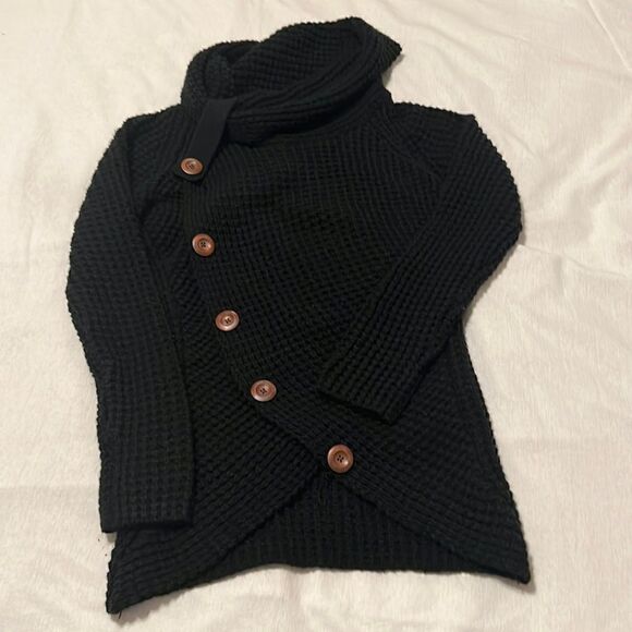 Black size S pullover button accent cowl neck sweater no fading or pilling EUC - Picture 2 of 7